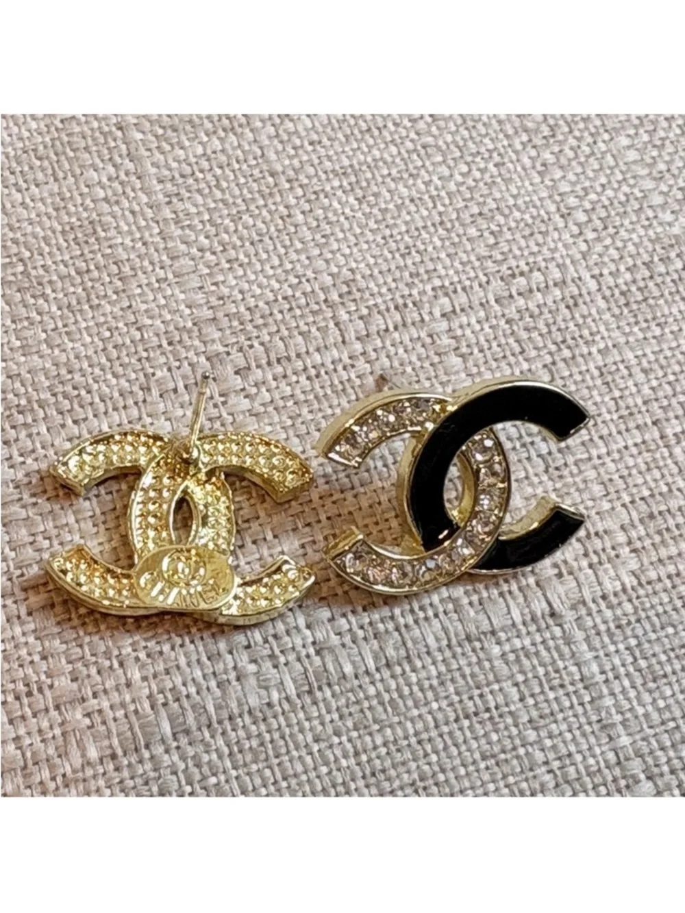 CHANEL Black and Gold CC Crystal Enamel Stud Earrings